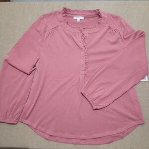 Daily‎ Thread Blouse Womens 1X Pink Popover Ruffle Neck New Boxy Feminine